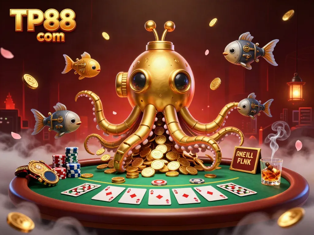 Experience the thrill of gaming at TP88 com with this vibrant 3D illustration of a golden kraken submarine and poker elements.