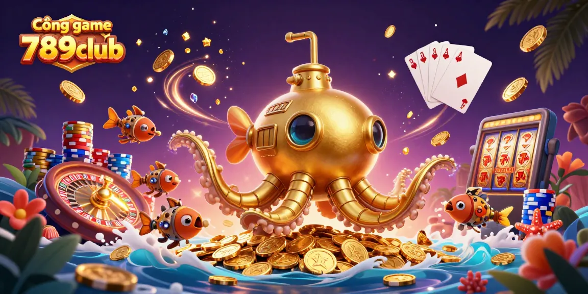 Experience excitement at Cổng game 789club with a dynamic 3D illustration of casino treasures.