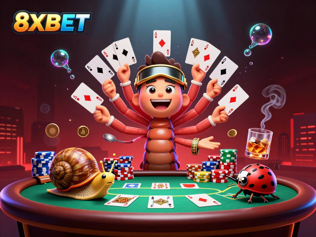 Experience the excitement of 8XBET with a colorful casino scene featuring animated characters and poker elements.