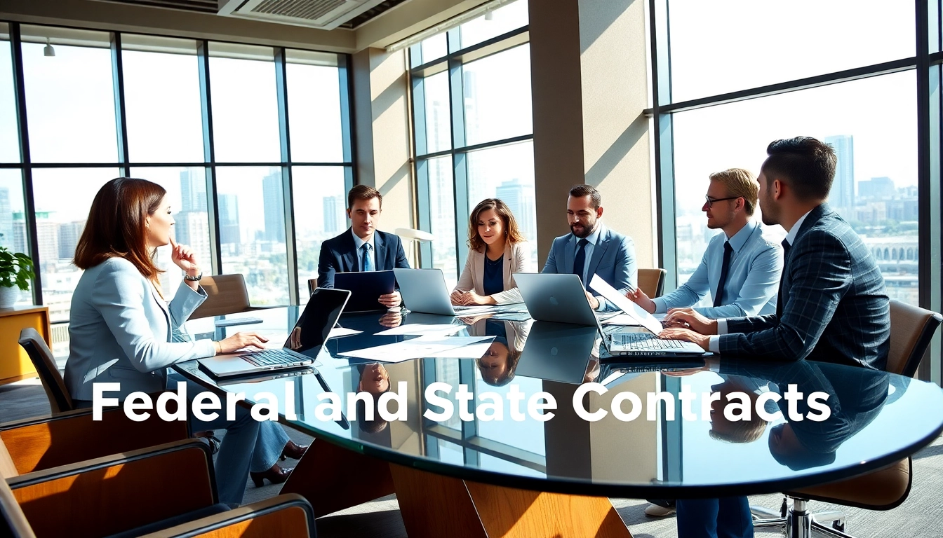 Collaborative business meeting discussing Federal and State contracts with diverse professionals.