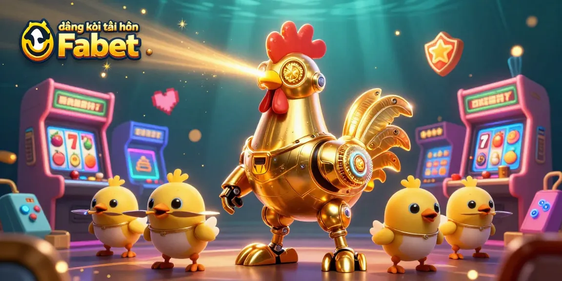 Engage with đăng ký tài khoản Fabet through vibrant gameplay action featuring a golden rooster robot and interacting gaming elements.
