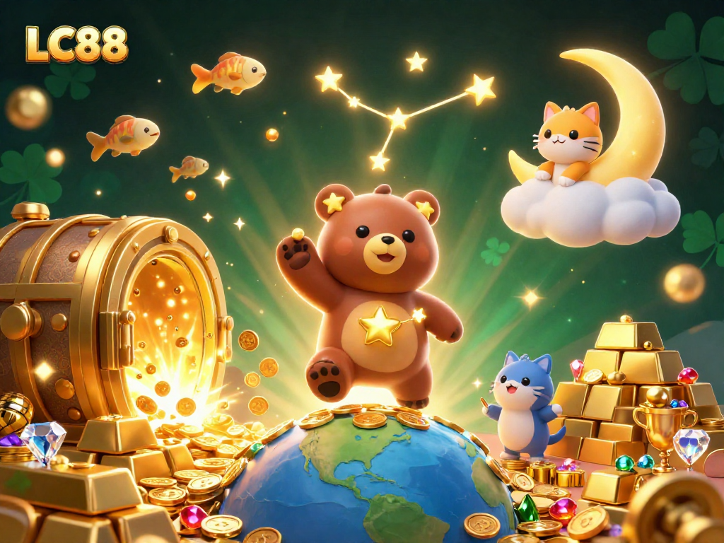 Experience the excitement of LC88 with this colorful casino-themed illustration featuring treasure and magical elements.