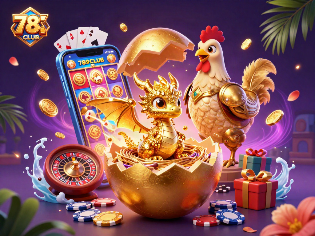 Engage in vibrant casino excitement with 789CLUB's golden dragon and poker chips.