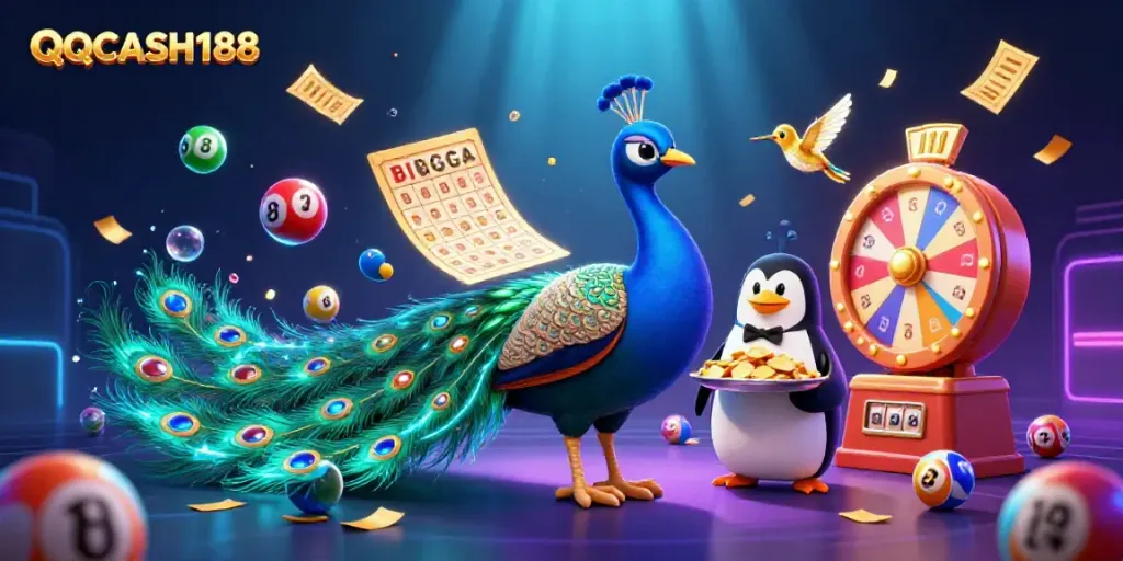 Experience vibrant gaming action with QQCASH188, featuring colorful lottery elements and fun characters.