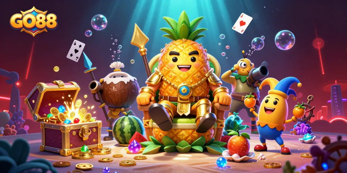 Experience GO88's thrilling beach casino scene with the golden pineapple king and vibrant game elements.