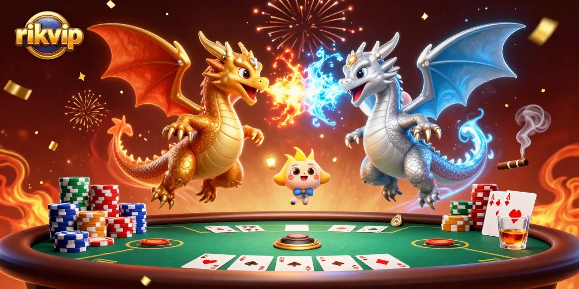 Explore the exciting world of rikvip in this dynamic casino scene with 3D dragons and poker elements.