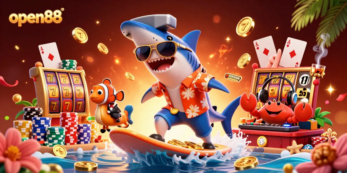 Experience vibrant gaming at open88 with a shark surfing gold coins and intricate casino elements.