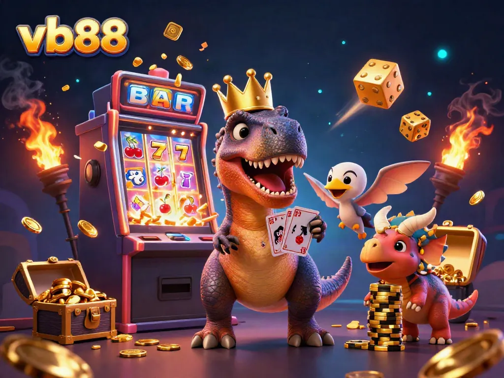 Experience the fun of vb88 casino with a lively scene of T-Rex shuffling cards and friends amidst jackpots and coins.