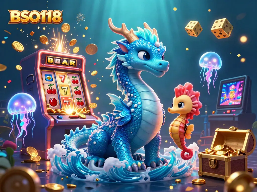 Engage with BSO118's exciting slot experience under the ocean waves, featuring a dynamic dragon and treasure.