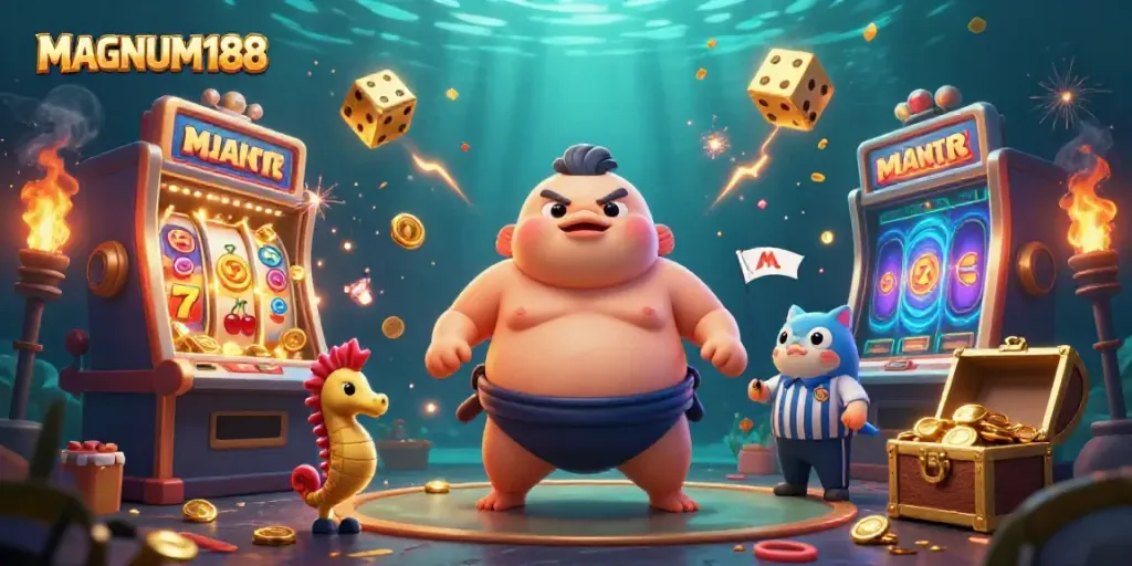 Spin and win with MAGNUM188 in a vibrant underwater casino scene featuring a fugu, catfish, and slot machine.