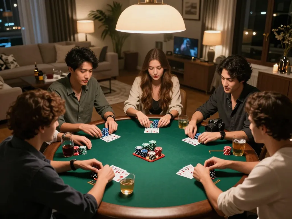 Friends enjoying a thrilling poker night at home with tr88 chips and cards on the table.