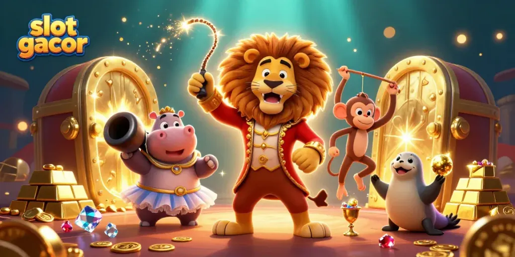Experience slot gacor excitement with a cartoonish 3D casino scene featuring dazzling characters and treasures.