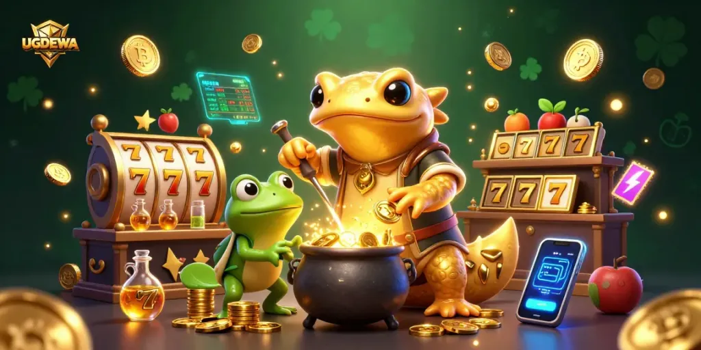 Engage with UGDEWA as a golden salamander alchemist transforms base metals into winning coins in a vibrant casino scene.
