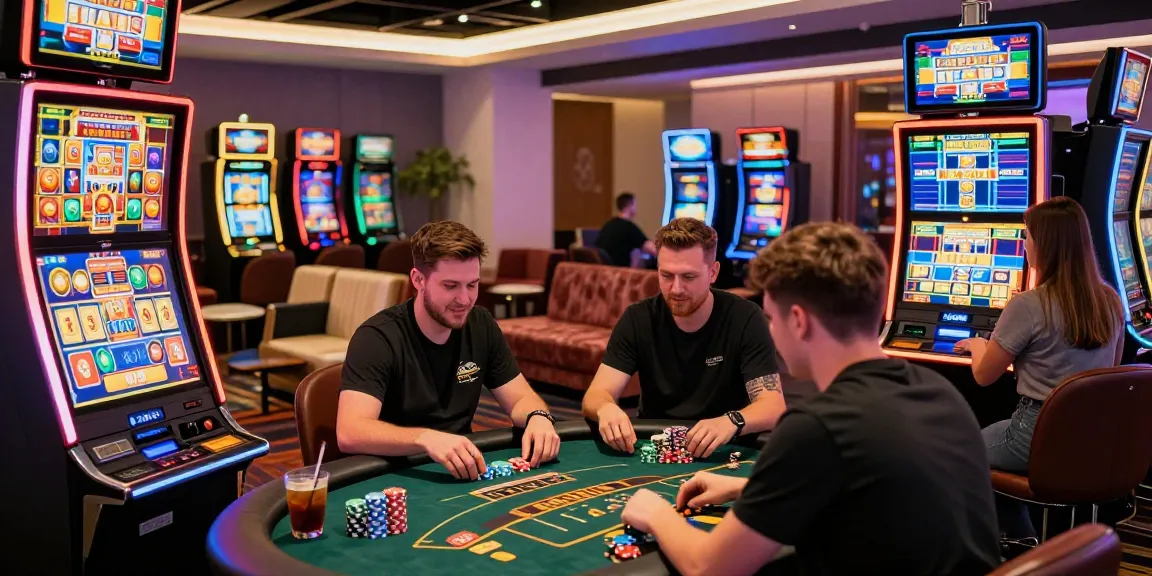 Exciting scene showcasing players enjoying vibrant non UK casinos at https://ghsc.co.uk, featuring lively slot machines and card games.