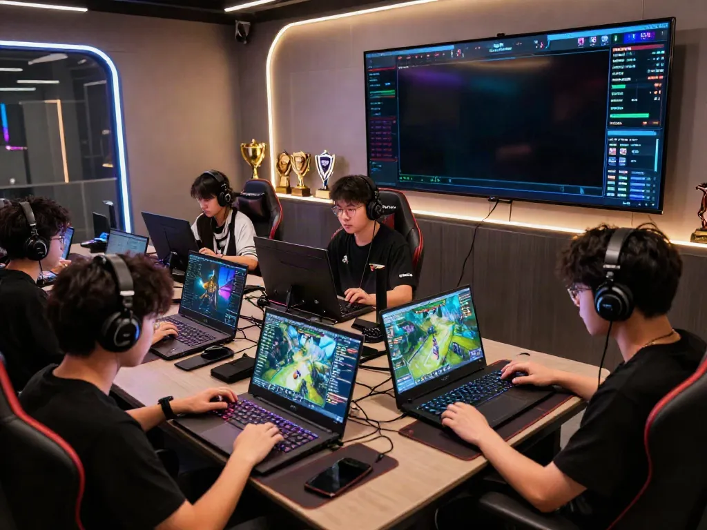 Engaged players in a modern gaming lounge showcasing the QQMacan link gaming experience with vibrant visuals.