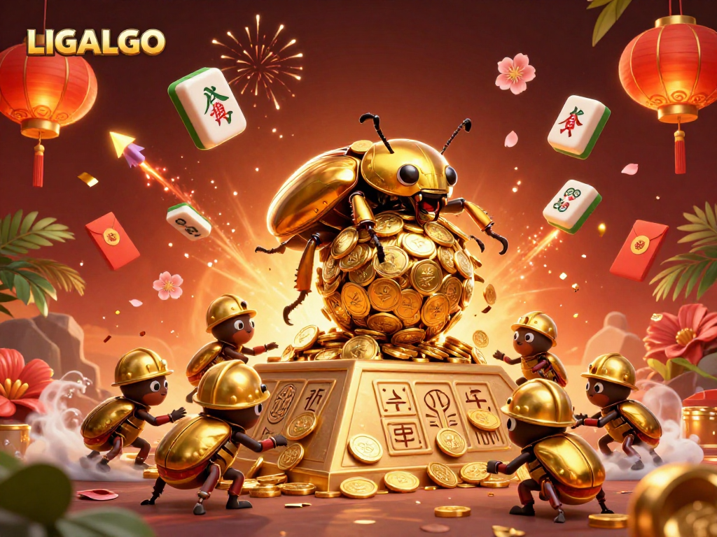 LIGALGO reveals a vibrant scene with beetles and golden coins in a dynamic casino setting.
