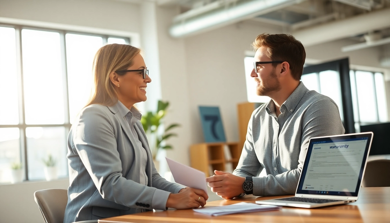 Extended warranty company advisor explaining services in an office, fostering trust and engagement.