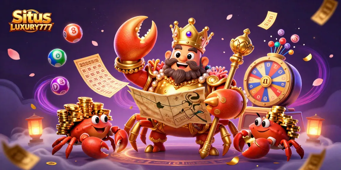 Situs LUXURY777 menampilkan ilustrasi kasino dengan kepiting emas raksasa dan bola lotere berwarna-warni.