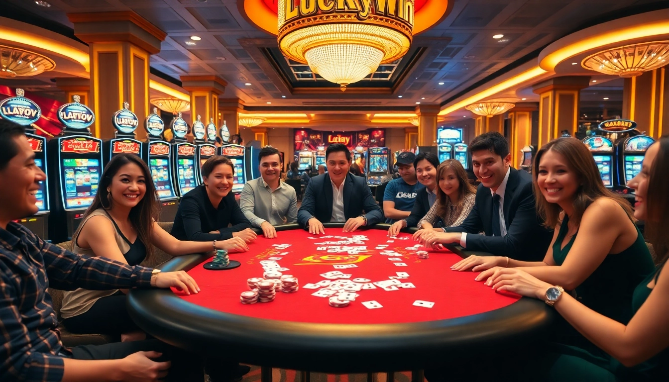 Players enjoying an exciting game at the LuckyWin poker table, showcasing vibrant casino elements.