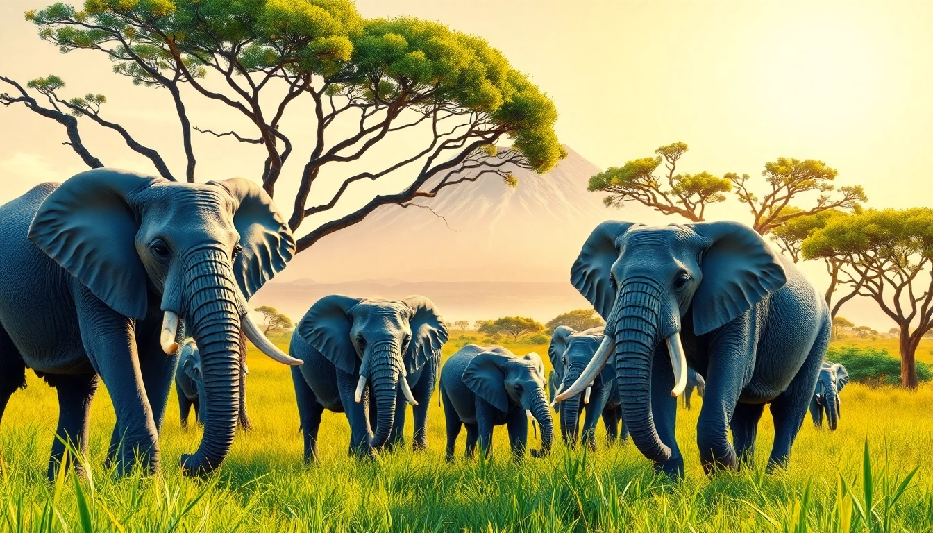 Tanzania safaris featuring elephants under acacia trees with Mount Kilimanjaro backdrop.