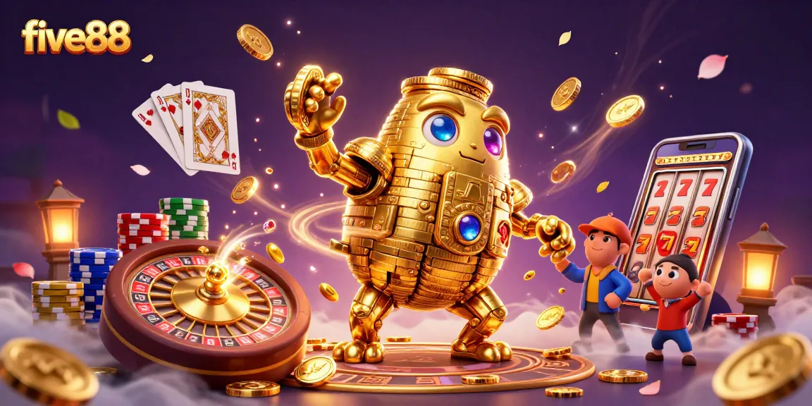 Experience five88 with a dazzling casino scene featuring a golden golem and rich gambling elements.