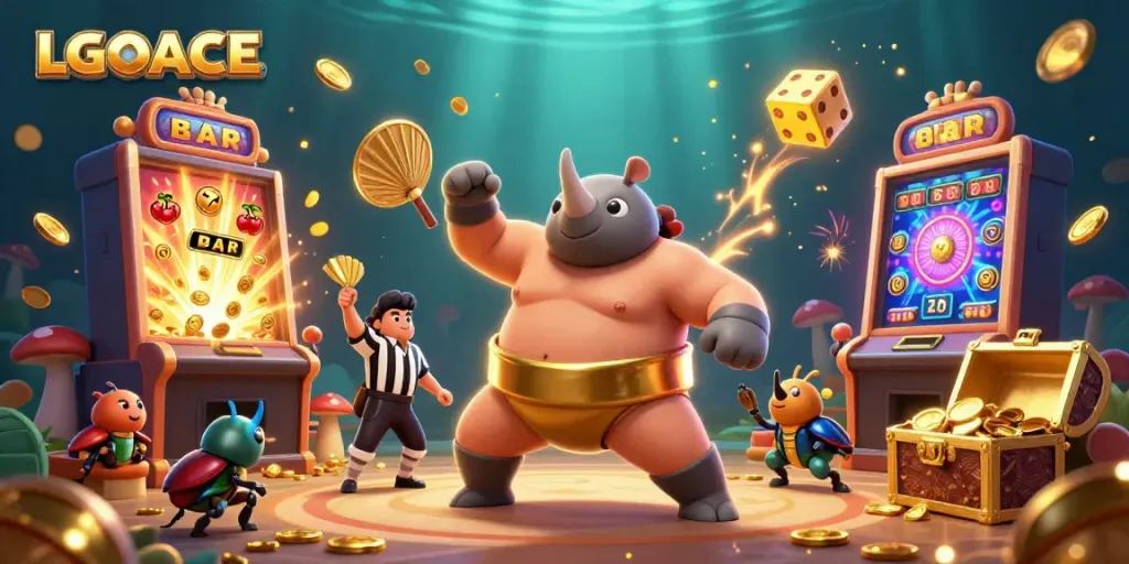 Experience the excitement of LGOACE with vibrant gaming action featuring a rhinoceros beetle champion and slot machine.