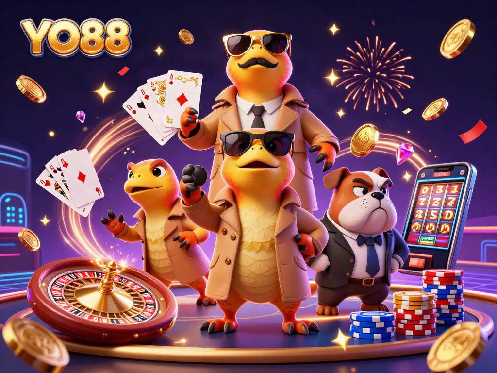 Experience YO88’s thrilling action with whimsical raptors in a casino setting showcasing vibrant gambling elements.