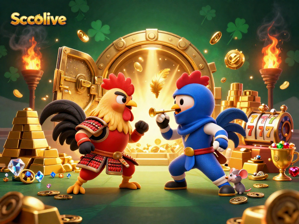 Socolive features an intense showdown with fighting roosters in a vibrant, treasure-filled casino scene.