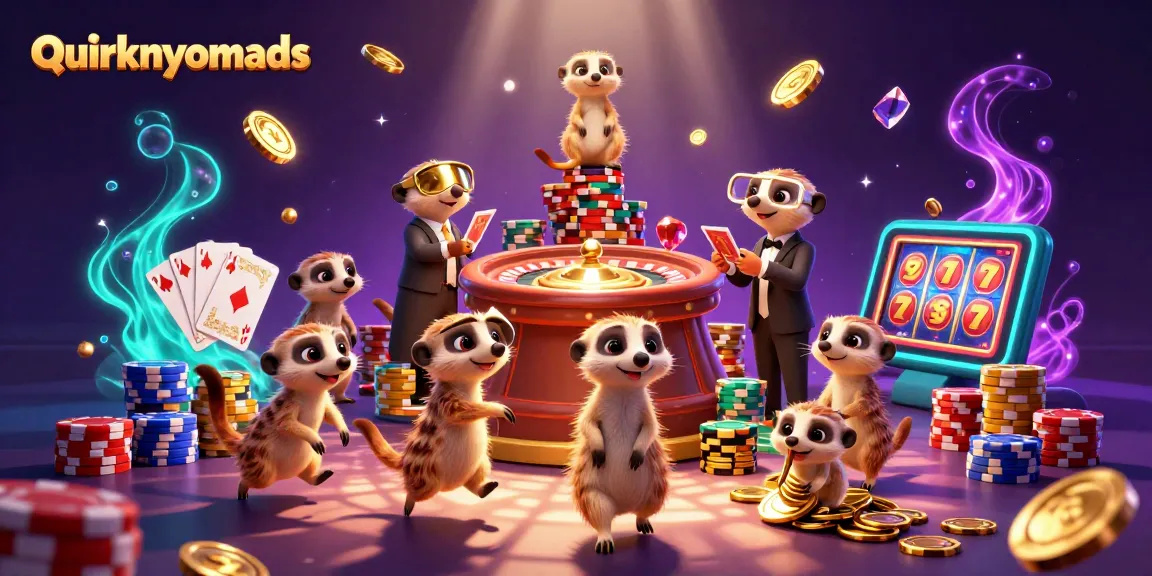 quirkynomads meerkats running a vibrant casino with golden coins and roulette.