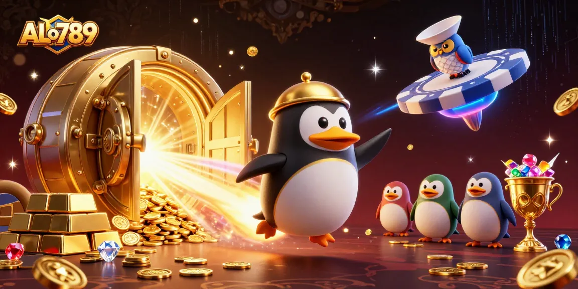 Bet on ALo789 with a dynamic scene showcasing a golden penguin and casino elements.