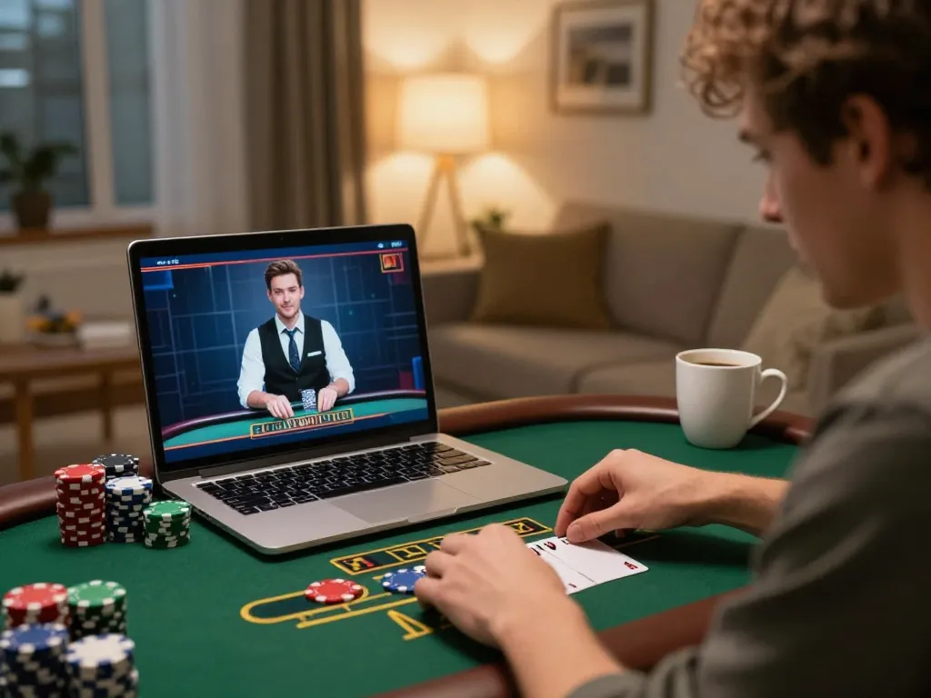 Engaging moment on fly88 com with a player focusing on blackjack while surrounded by chips in a cozy home