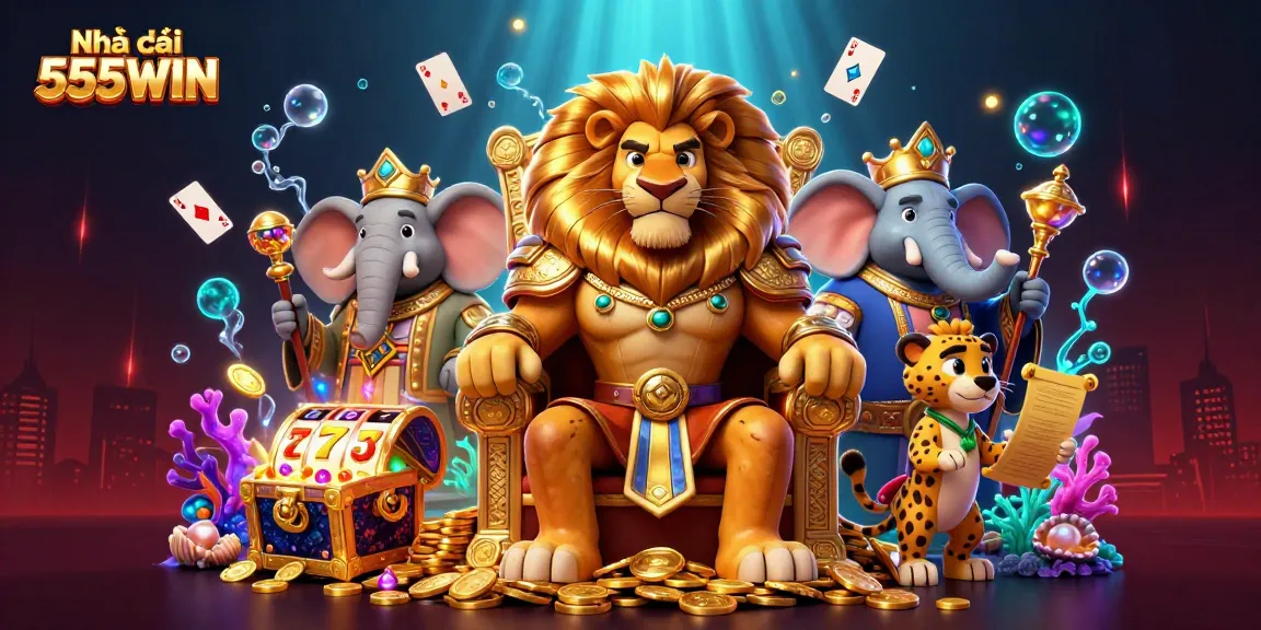 Experience the excitement at Nhà cái 555WIN with a vibrant slot gaming scene featuring a lion king and friends.