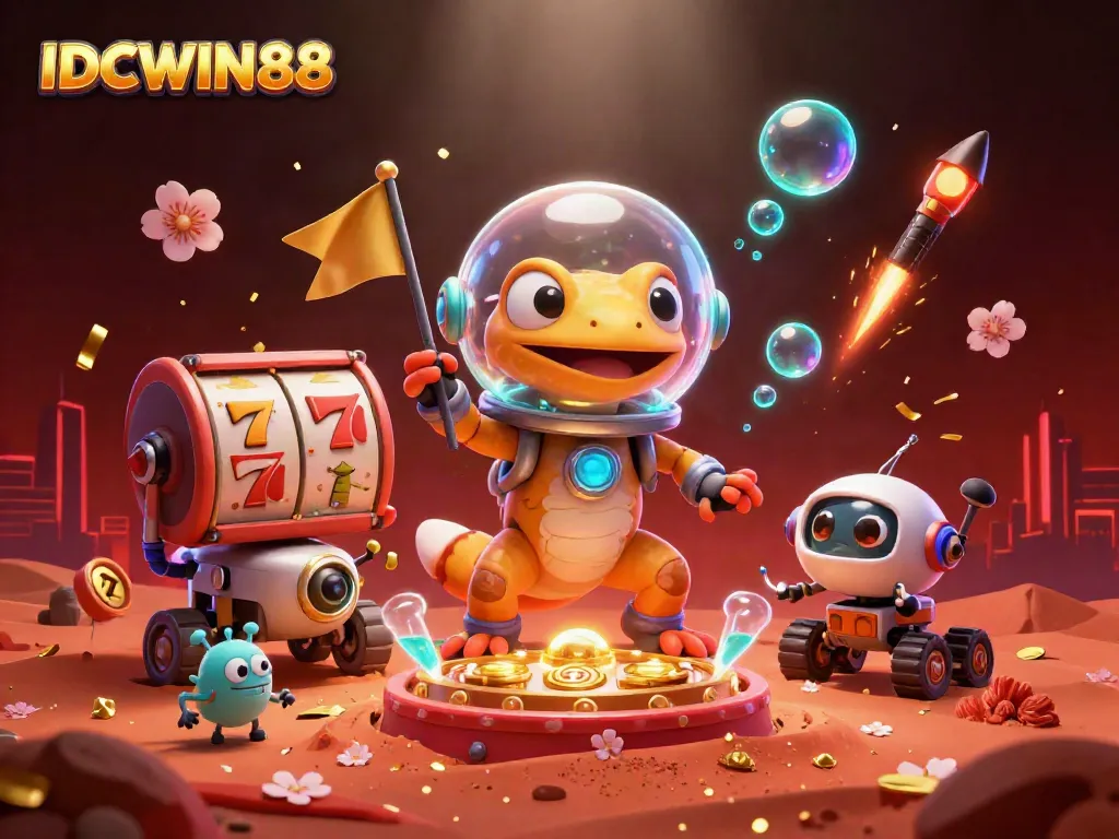 Experience exciting games at IDCWIN88 featuring a Martian gecko discovering a golden casino with celebratory elements.