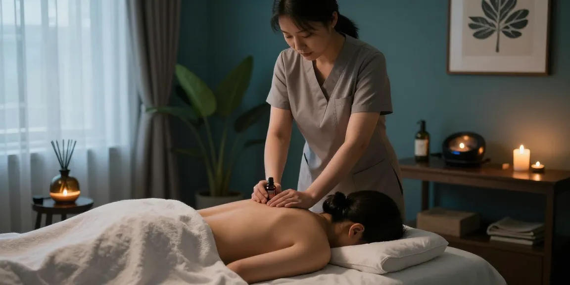 강서구출장마사지 session in a tranquil spa room with calming decor and soothing elements