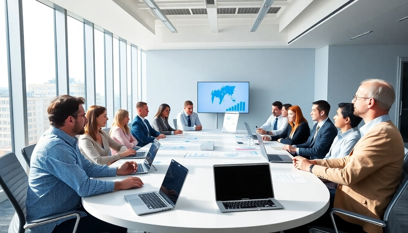 Professionals discussing Federal and State contracts in a bright, modern office meeting.