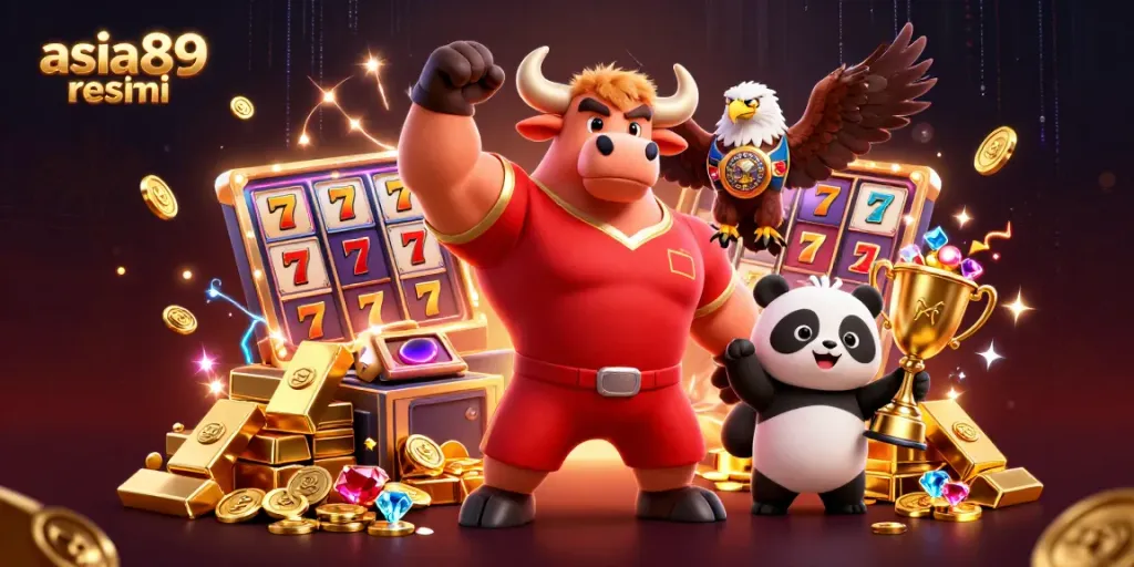 Experience the thrill of asia89 resmi with a dynamic casino-themed scene featuring vibrant characters and gold treasures.