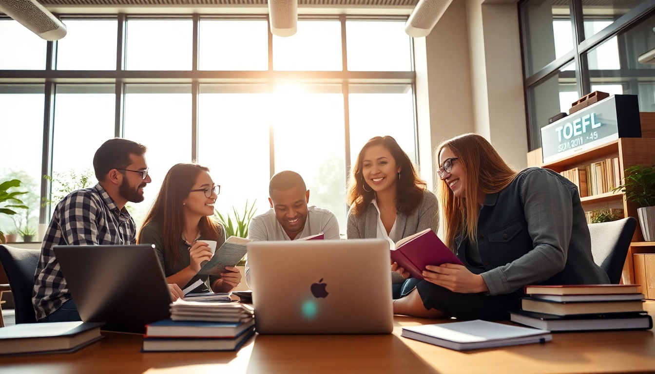 Engaged TOEFL test takers for hire discussing strategies and study techniques in a collaborative space.