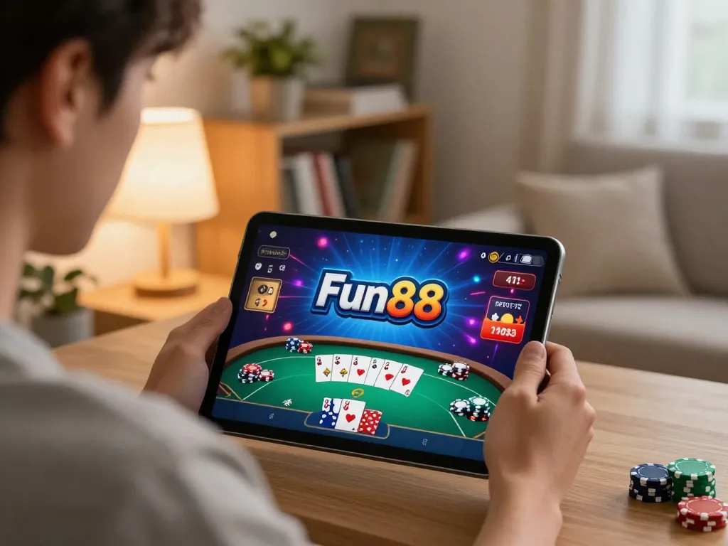 Engaging fun88 gaming experience at home as player uses tablet for online casino games.
