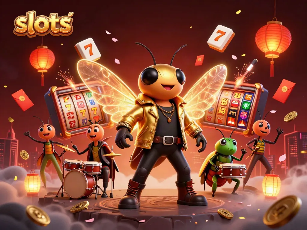 Engage with captivating slots featuring a rock star cicada and vibrant casino elements.