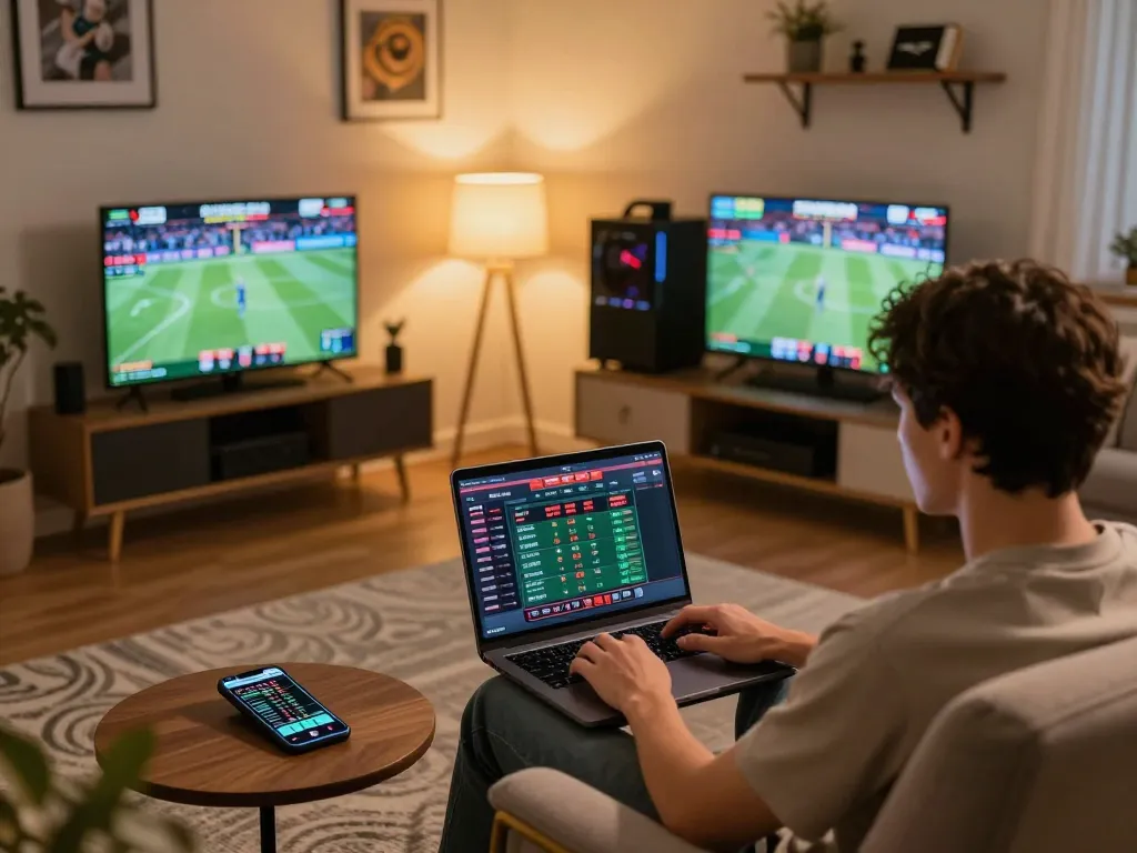 SOCOLIVE user engaged in strategic online sports betting from home setup.