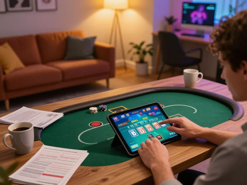 Engaged player using tablet at home for online casino gaming, emphasizing nhà cái cá cược uy tín