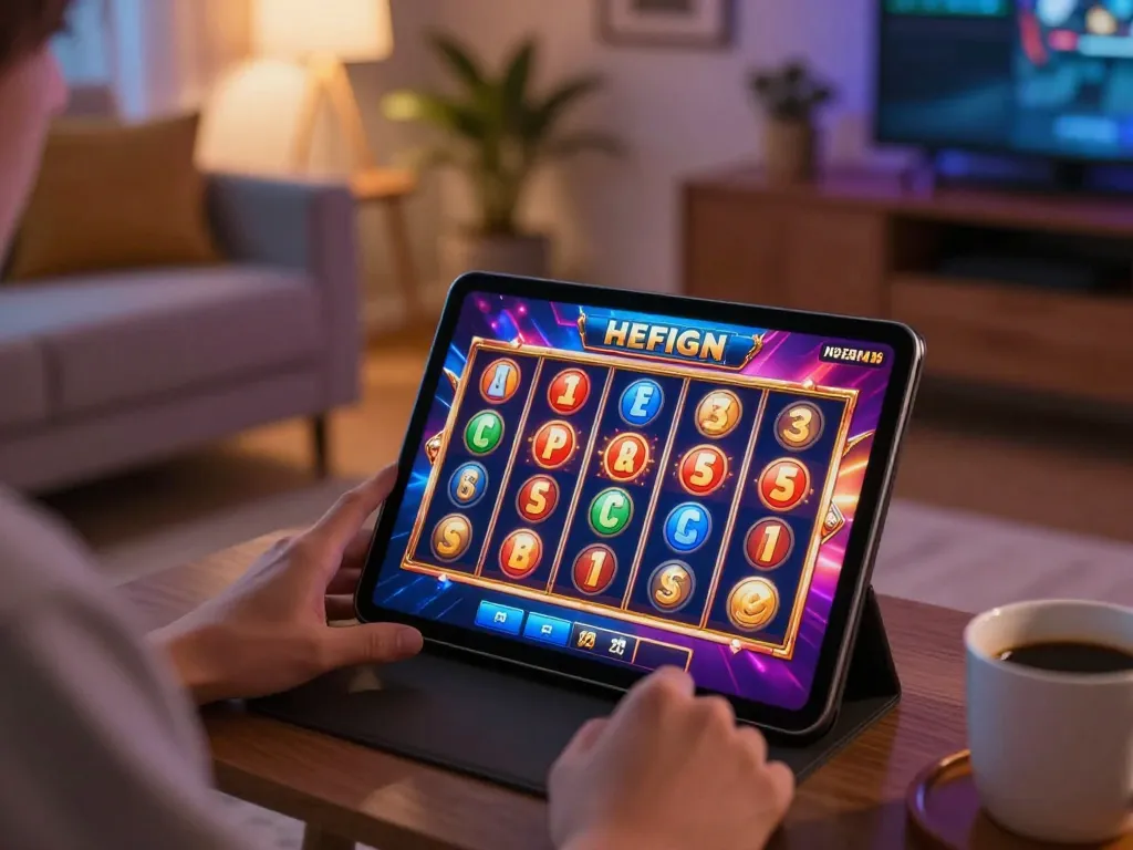 Engaging experience playing slot games on a tablet in a cozy home setting