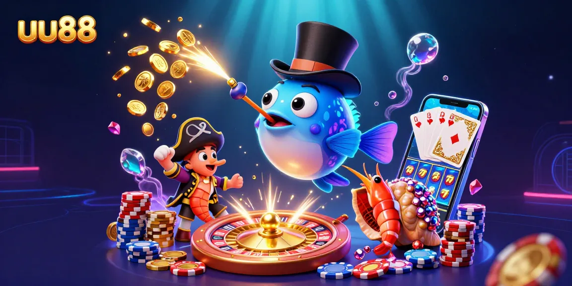 uu88 casino scene with anglerfish, shrimp, and snail, featuring gold coins and casino elements.