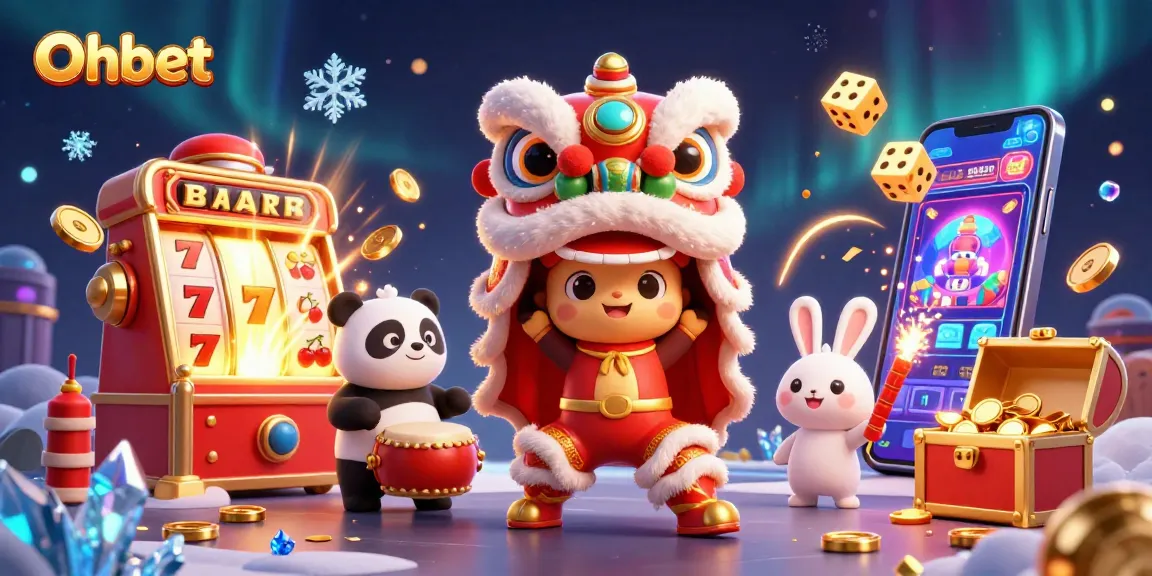 Oxbet showcases an exciting lion dance with dazzling casino elements, celebrating vibrant slot jackpots.