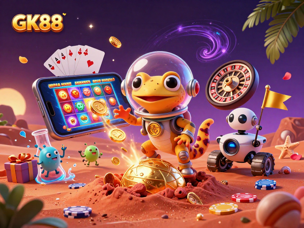 Engage in thrilling GK88 gambling adventures with a Martian gecko unveiling a golden casino!