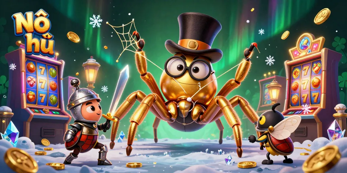 Nổ hũ showcases a thrilling casino adventure with a giant golden tarantula and a beetle knight surrounded by vibrant slot machines and golden coins.