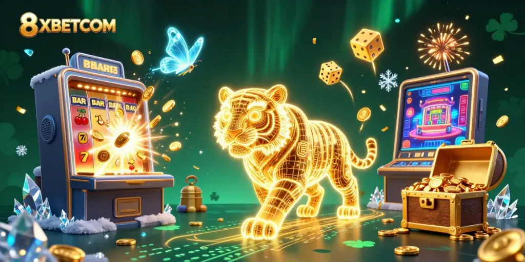Win big with 8XBETCOM in this vibrant casino scene, featuring a golden tiger and exciting game elements.