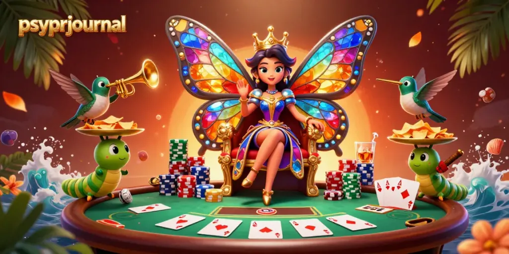 pspyjournal hadir dengan ilustrasi digital 3D yang menampilkan ratu kupu-kupu di kasino dengan tumpukan chip
