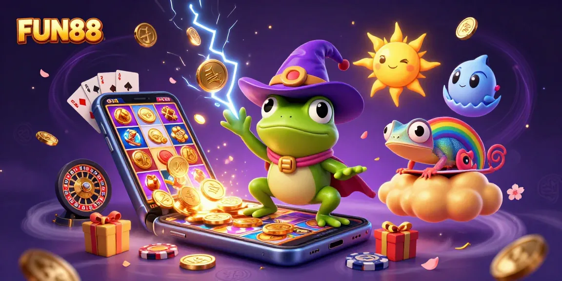 Experience the excitement of FUN88 as coins rain down in a colorful online casino scene.