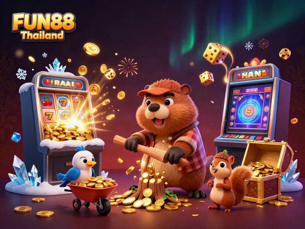 Witness the excitement of FUN88 Thailand with a vibrant 3D scene of a cartoon beaver celebrating jackpots and golden coins.